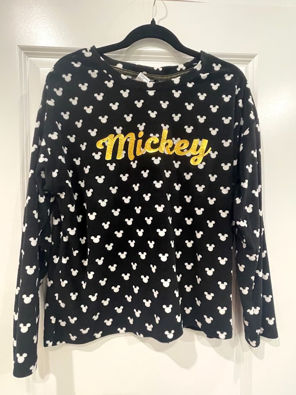 Disney Mickey Allover Print Gold Script Fleece Pajama Top • Size L